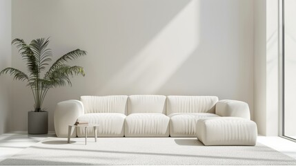 Eco-space concept with a minimalist ivory sofa, highlighting functionality in a serene setting, isolated background