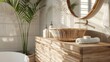 Modern bathroom interior design with wooden vanity and rattan basket