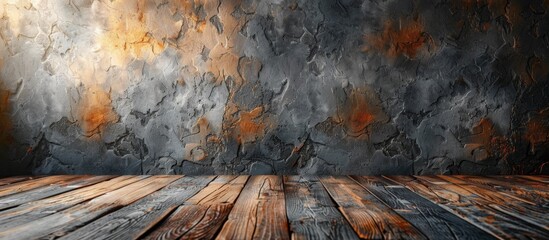 Wall Mural - Dimly lit room featuring a hardwood floor and a textured wall in a rustic setting