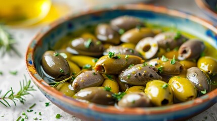 Canvas Print - Bowl olives herbs lemons