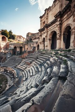 Step into the ruins of an ancient amphitheater, where time-worn steps and crumbling seats bear witness to the dramas and spetacles of antiquity, Generative AI