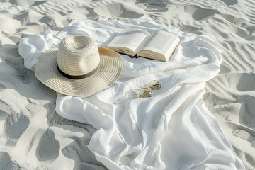 Wall Mural - Generative AI Image of Holiday on the Beach with White Cloth Hat Book on Sand in Summer