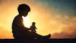 Silhouette of innocent child sitting lonely and holding a doll