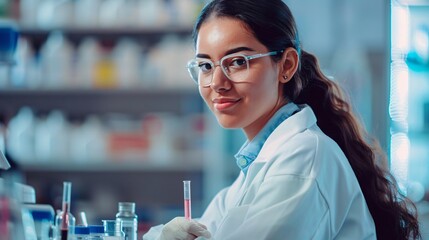 Wall Mural - young woman researcher is working in a science laboratory