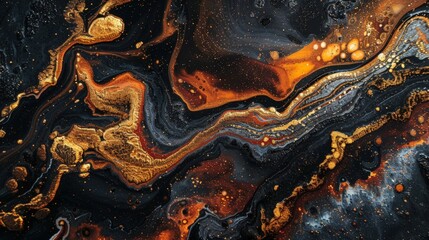 Sticker - Close up of black and gold fluid paint creation