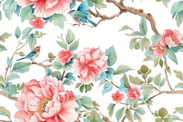  Seamless vintage watercolor with peonies and birds.