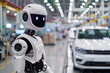 Robot human replacing jobs AI artificial intelligence humanoid, working at automobile factory