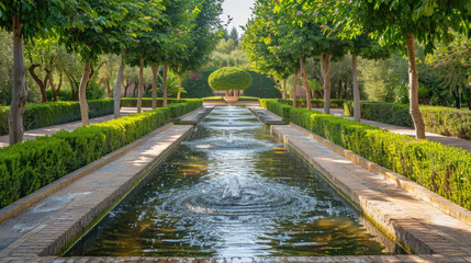 Wall Mural - An image of an Islamic garden with flowing water and symmetrically planted trees, reflecting design principles of paradise