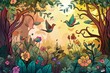  Cartoon cute doodles of a mystical forest awakening in the morning light, with flowers blooming and birds singing their sweet melodies, Generative AI