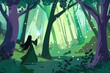 Cartoon cute doodles of a mystical forest under the protection of a powerful sorceress, her wand glowing with magical energy, Generative AI