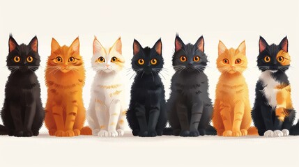 Wall Mural - A large collection of cute and funny modern cats with flat colors in different poses. A white background is used to isolate the animals.