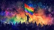 Crowd waving rainbow flags at the gay pride parade. LGBT concept