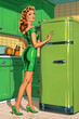 A woman in a green dress is standing in front of a green refrigerator
