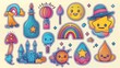 This groovy collection of cartoon characters, doodle smile faces, flowers, castles, rainbows, hearts, basketballs, bottles is a cute retro groovy hippie design suitable for decorative uses.