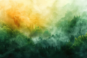 Wall Mural - Abstract green watercolor background with green gradient, fantasy forest, fantasy landscape. Created with Ai