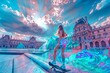 © Gener Vázquez - A youthful skateboarder glides by the iconic Louvre Pyramid under a sky with dramatic, dreamlike clouds, infusing fun into the historic setting new olympic game