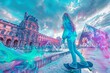 © Gener Vázquez - A young female skateboarder in front of the iconic Louvre Museum, amidst a surreal display of colorful, swirling effects under a dramatic sky new olympic game
