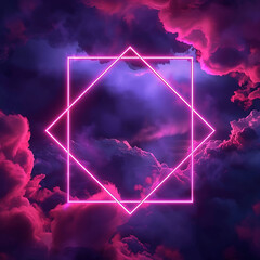 Wall Mural - abstract futuristic background with neon geometric shape and stormy cloud on night sky. rhombus fram
