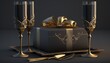 A black box with a gold ribbon and two black champagne glasses with gold rims are on a black table against a black background.

