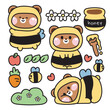 Set of cute teddy bear wear bee costume.Wild animal character cartoon design collection.Flower,leaf,carrot,apple,bee,honey hand drawn.Nature.Kawaii.Vector.Illustration.