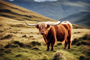 Wall Mural - 'scotland cow grazing skye highland isle scottish cattle landscape farm animal hairy nature pasture hair red agriculture field mammal bull horn grass meadow beef dairy rural famous angus green'