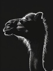 Wall Mural - A camel's head is shown in black and white. The image has a moody and mysterious feel to it, as the camel's features are emphasized in the darkness