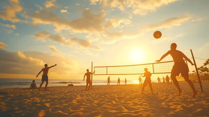 A group of people playing volleyball on a beach at sunset. The sky is filled with clouds, and the sun is setting in the background