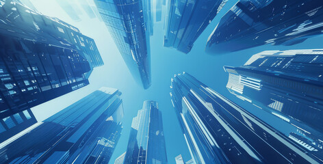 Wall Mural - A cityscape with tall buildings and a blue sky