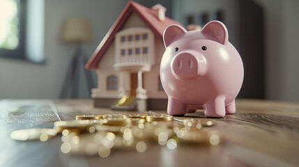 Wall Mural - A piggy bank full of coins sits on a table next to a house