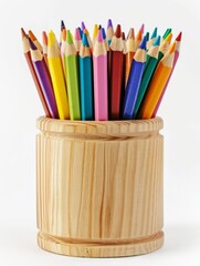 Wall Mural - different color pencils in a wooden container isolated on white background