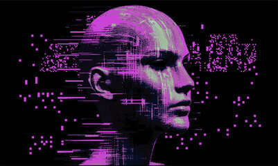 Aufkleber - Glitched and pixelated silhouette of a 3D human head on a dark background. Conceptual vector illustration about man in the age of technology. 