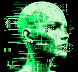 Poster - Glitched and pixelated silhouette of a 3D human head on a dark background. Conceptual vector illustration about man in the age of technology. 