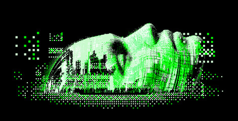 Poster - Glitched and pixelated silhouette of a 3D human head on a dark background. Conceptual vector illustration about man in the age of technology. 