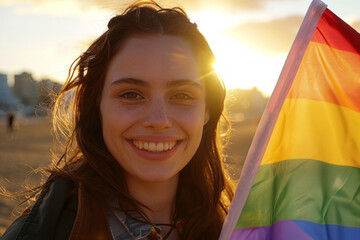 Portrait of a young woman smiling and holding a rainbow LGBTQ pride flag