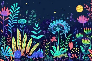 Wall Mural - Cartoon cute doodles of a neon jungle filled with exotic plants and animals, glowing brightly under the moonlight, Generative AI