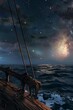 Sail across an endless ocean under a sky filled with constellations in a planetarium world, Generative AI