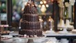 A sumptuous chocolate birthday cake adorned with miniature macarons and chocolate shards, positioned on a marble dessert table at a sophisticated urban wedding venue