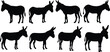 Donkey silhouettes set. Silhouettes of donkey vector illustrations