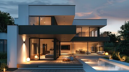 Poster - A modern black outdoor wall light mounted on the wall in a minimalistic style, square shape, In the evening, three wall lamps light up on the white wall. Generative AI.