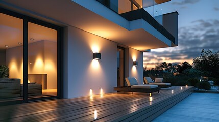 Poster - A modern black outdoor wall light mounted on the wall in a minimalistic style, square shape, In the evening, three wall lamps light up on the white wall. Generative AI.