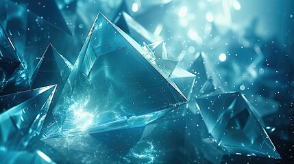 Poster - Enigmatic turquoise blue triangles merging with abstract light patterns, perfect for sleek hi-tech presentations. Generative AI.