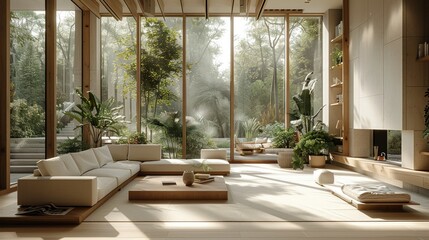 Sticker - Beautiful interior design, light colors, sofas, lots of natural light and natural trees in the scene. Generative AI.