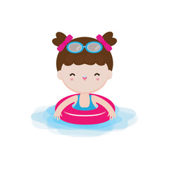 Wall Mural - Kid wearing float rings, Cute Kids cartoon Pool party characters, child spending holidays in seaside or swimming pool on white background Vector illustration