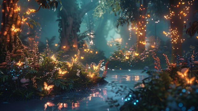 magical fantasy forest comes to life with glowing plants background