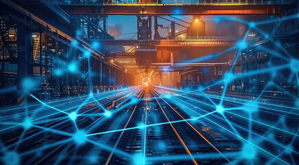 Aufkleber - A steel mill with a lot of hot steel, blue lines like a web with imitation of IT infrastructure everywhere, wifi network, data transmission over the air. Generative AI.