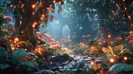 Magical fantasy forest comes to life with glowing plants background