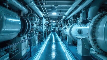 Fototapete - Complex intricate engine room, muted shades of blue. Generative AI.