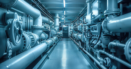 Fototapete - Complex intricate engine room, muted shades of blue. Generative AI.