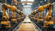 © visoot - A factory with an assembly line fully robotic with two lines of big robotic arms made of yellow metal, assembling a wood house. Generative AI.