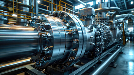 Poster - A large chrome industrial gas compressor with a lot of gears inside. Generative AI.